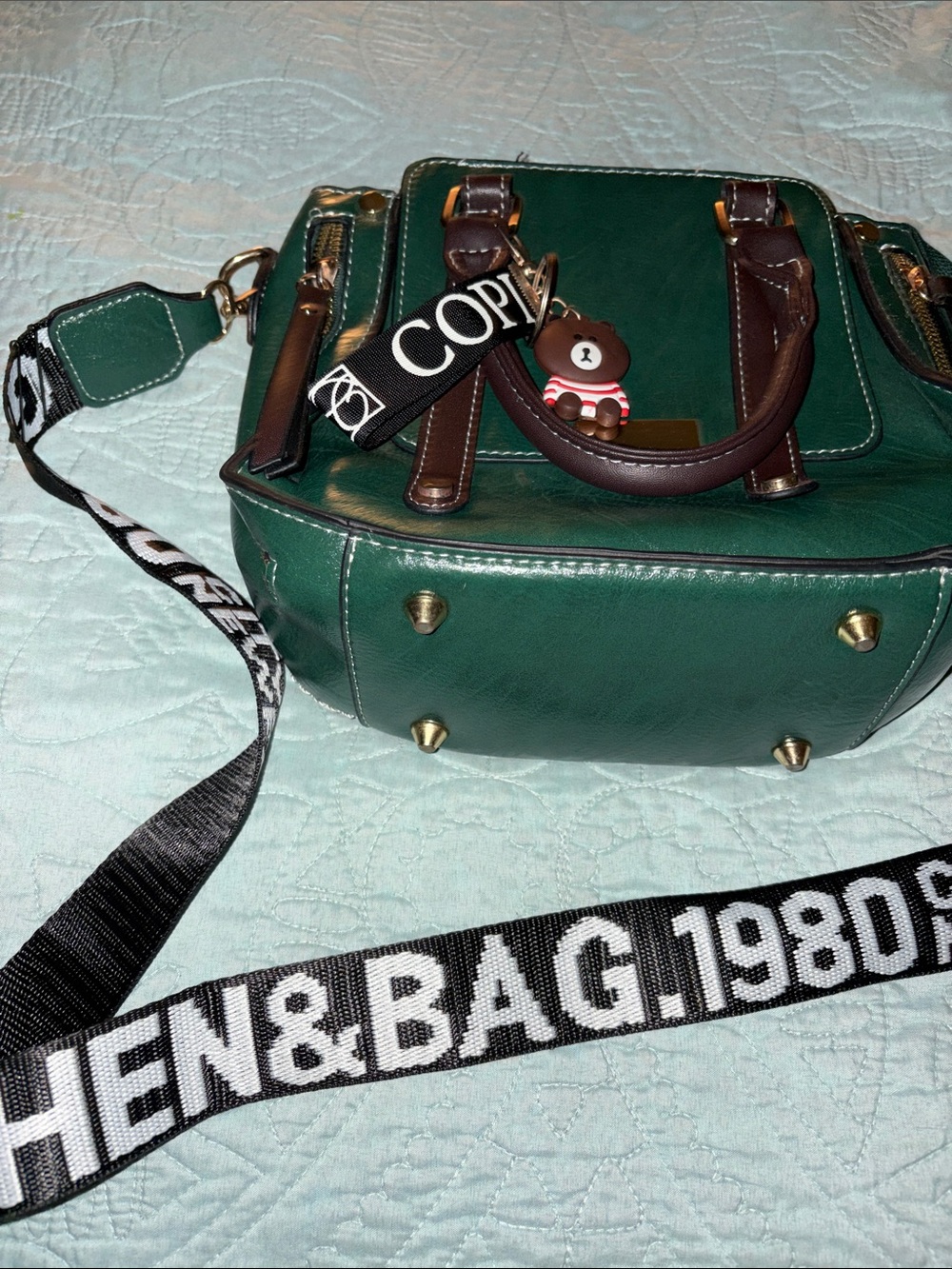 Kuchen Green and Brown Crossbody Bag with Branded Strap